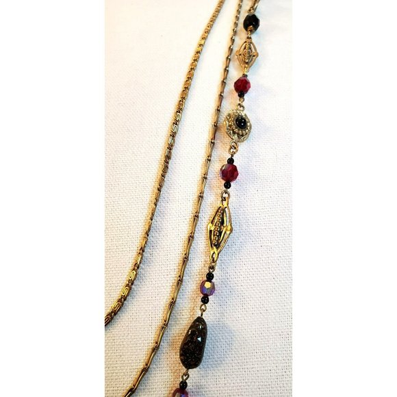 Vintage Miriam Haskell Possible Garnet Triple Layer Gold Tone Necklace, Signed - Picture 10 of 16